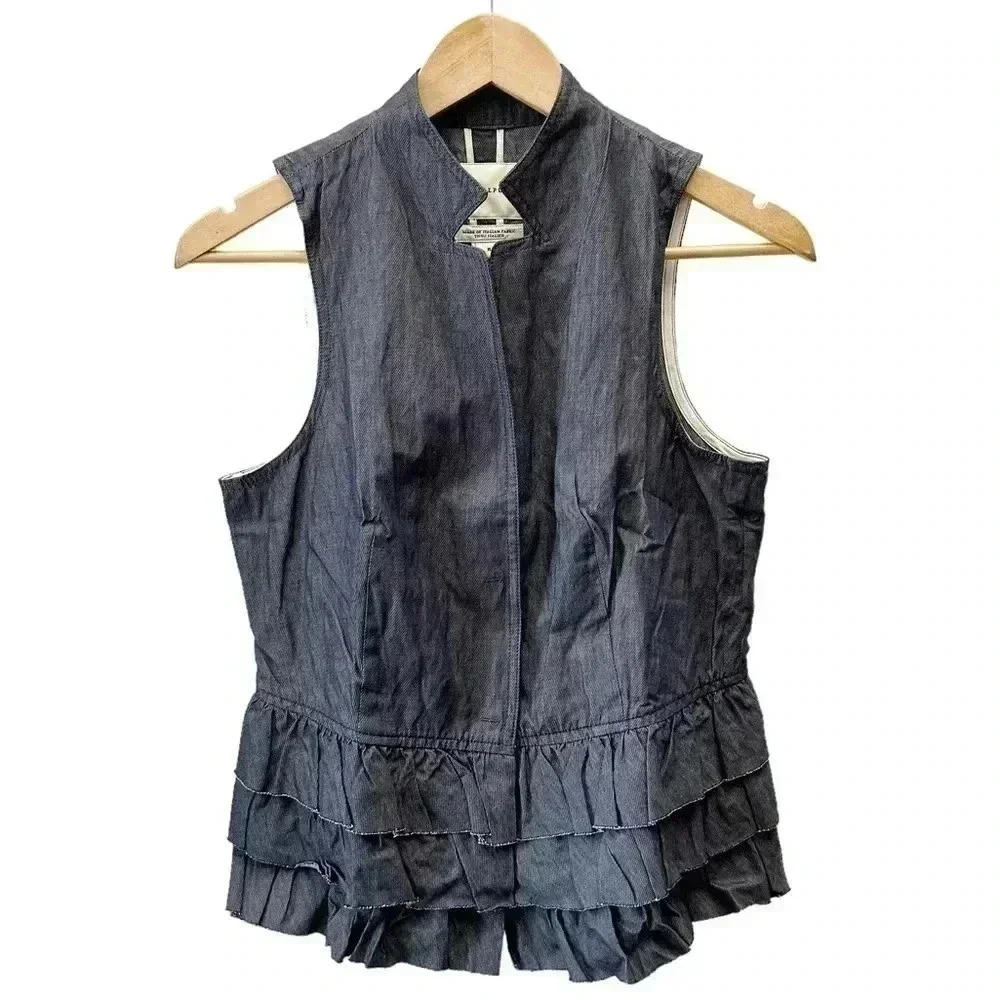Banana Republic Vest Tailored Ruffle Italian Cotton Sleeveless Blue Size 6 NWT - Picture 16 of 16
